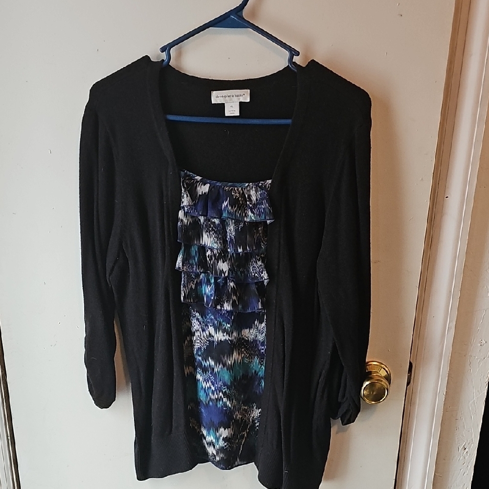 Christopher & Banks Black Cardigan with Blue Accents